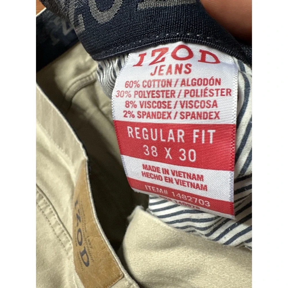 IZOD Pants Men's 38x30 Straight Leg Chino Khaki Tan Stretch Flat Front